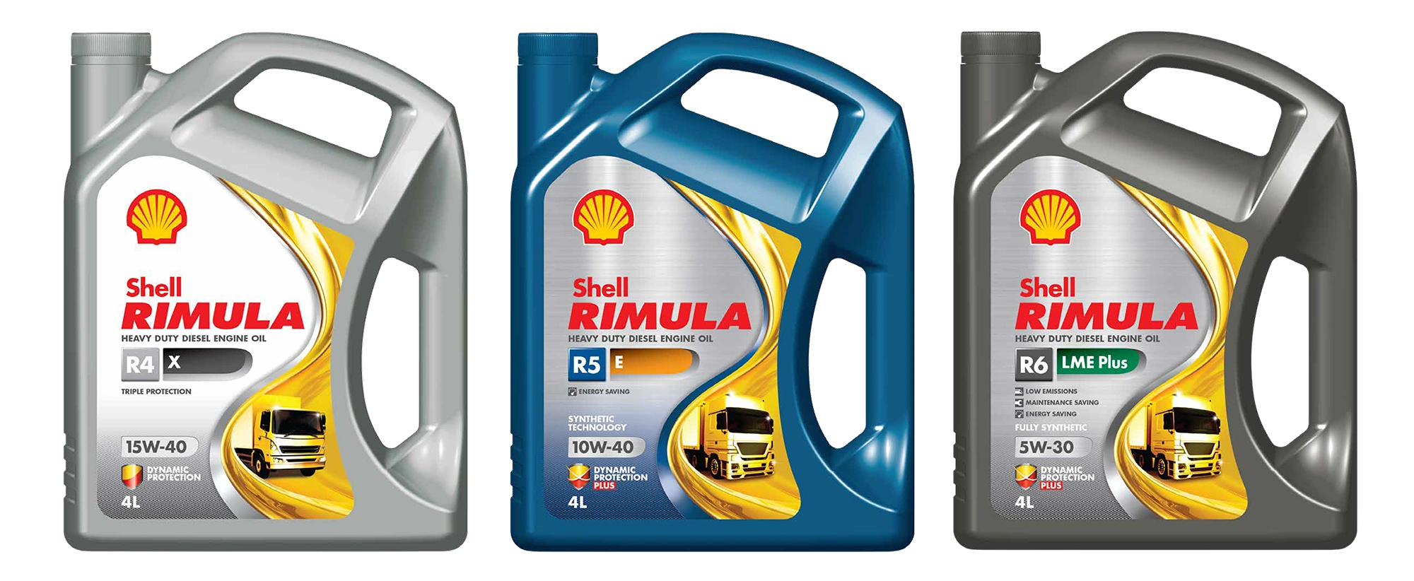 Three Shell Rimula diesel engine oil containers in a row (left: 15W-40 R4 X, center: 10W-40 R5 E, right: 5W-30 LME Plus).