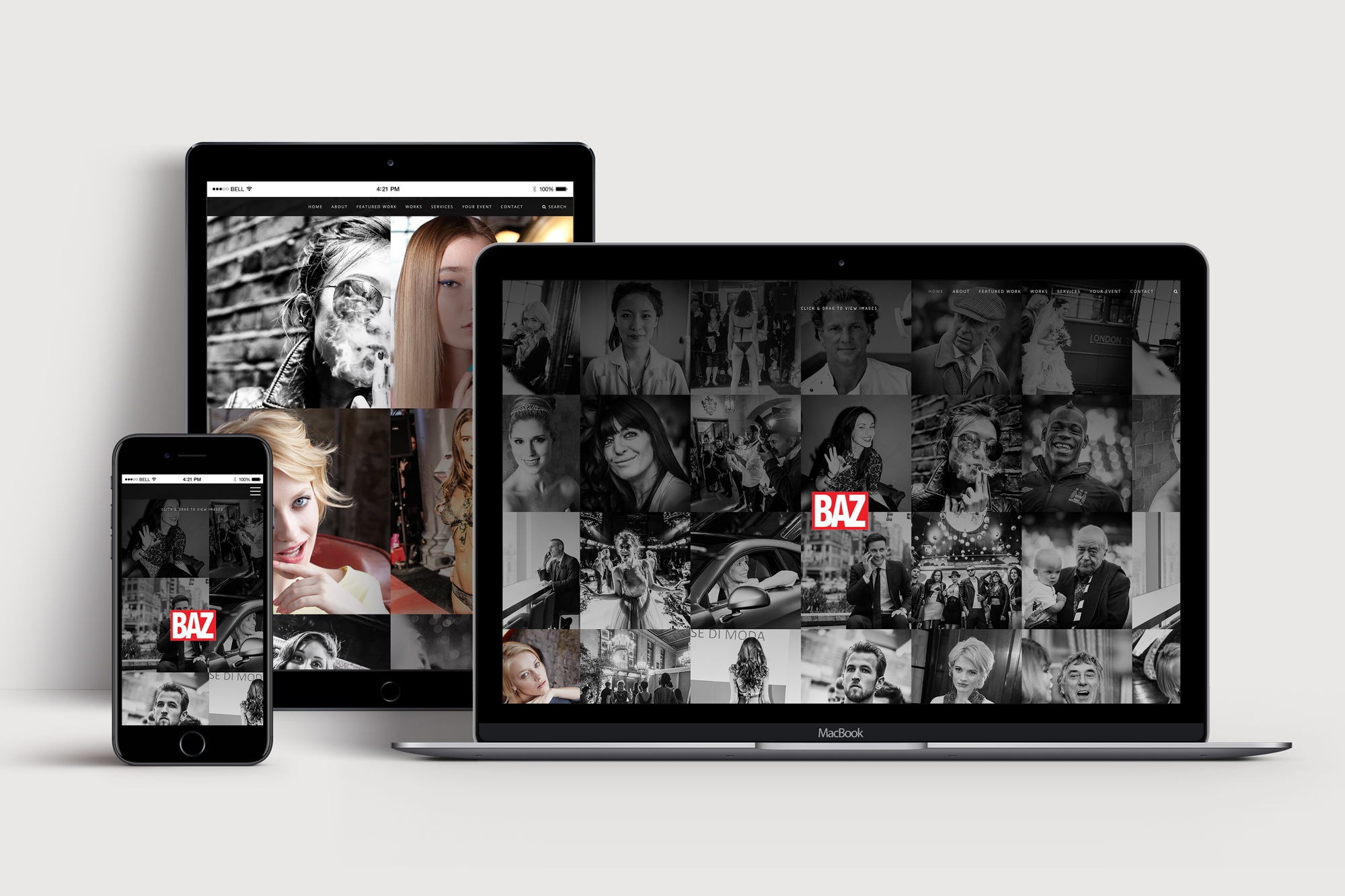 Collage of multiple photos forming a mosaic displayed across a tablet, laptop, and phone to showcase a responsive photo gallery (BAZ).