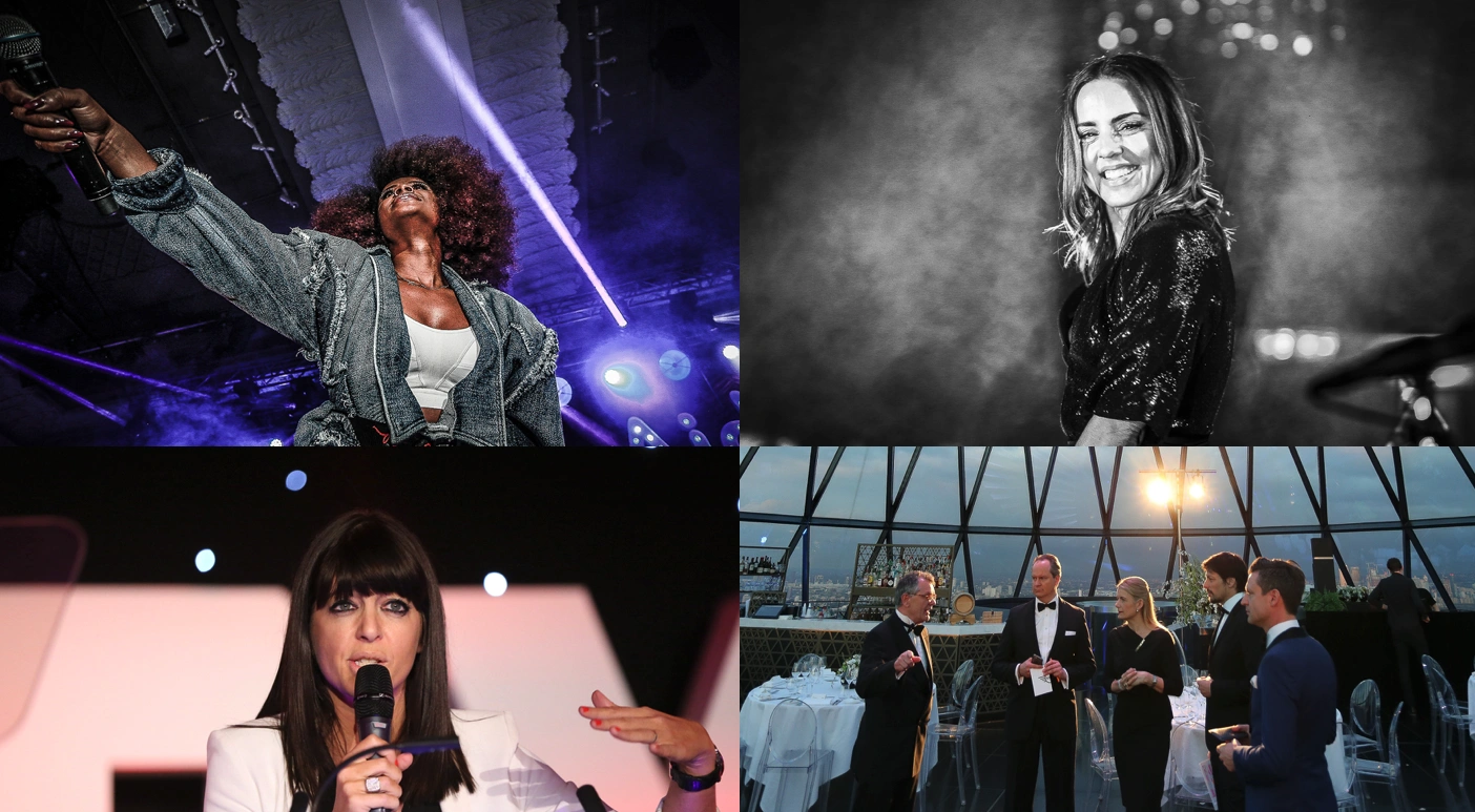 Collage of four entertainment scenes: a singer on stage reaching out, a smiling female performer in black-and-white, a female host speaking into a microphone, and guests in tuxedos at a glass-walled venue.