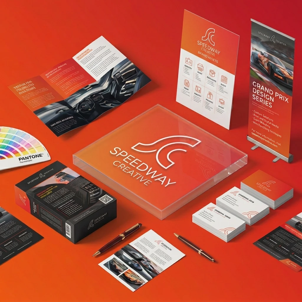 Brand collateral mockup for Speedway Creative on an orange surface, featuring a logo plaque, brochures, business cards, a vertical banner, and a Pantone swatch.