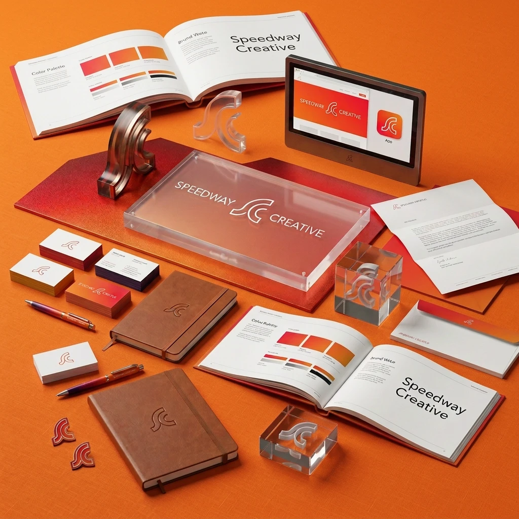 Branding mockup on an orange surface showing Speedway Creative items: acrylic sign, notebooks, business cards, brochures, and a tablet with the logo.