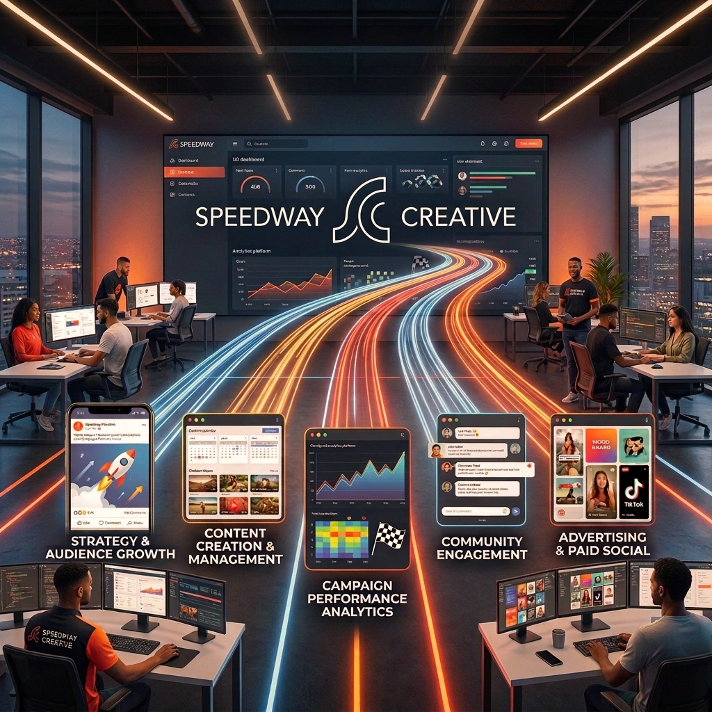 Team of designers in a modern open office with a large dashboard screen reading 'SPEEDWAY CREATIVE' and neon light trails along the floor behind them.