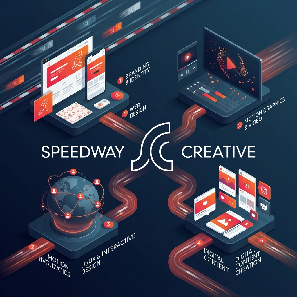 Isometric illustration of a creative agency offering branding, web design, motion graphics, UI/UX, and digital content creation (Speedway Creative).