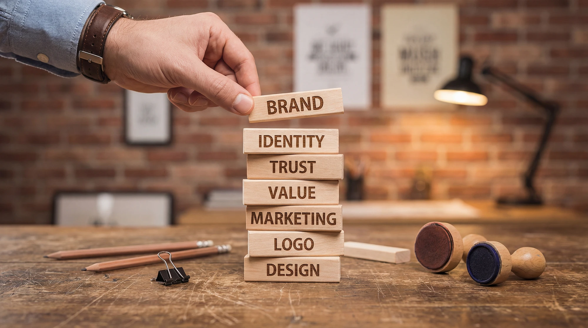 Hand placing a wooden 'BRAND' block on a stack labeled identity, trust, value, marketing, logo, design to symbolize branding.