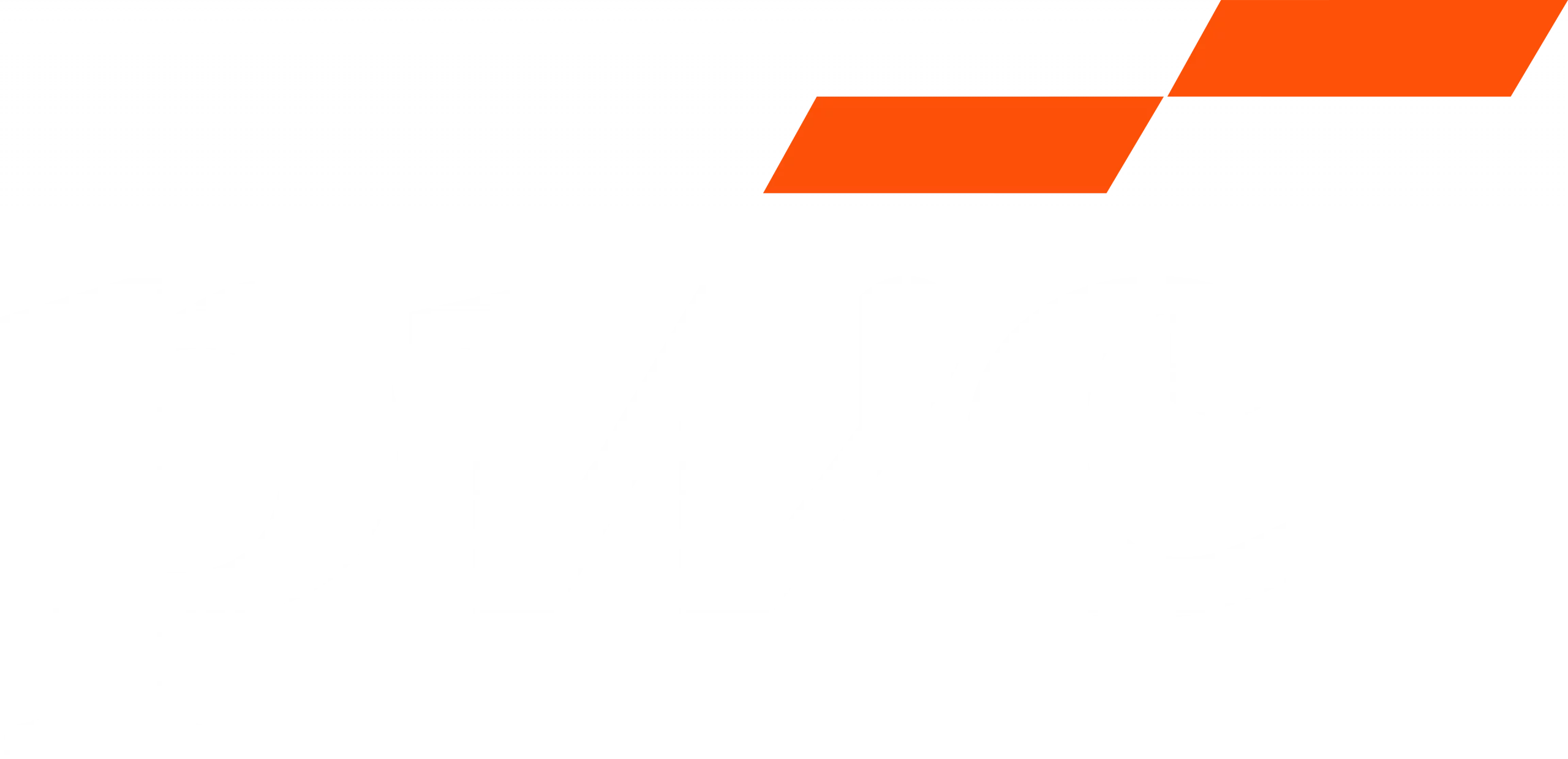 Brand logo featuring bold white lettering on a black background with two orange diagonal bars above.